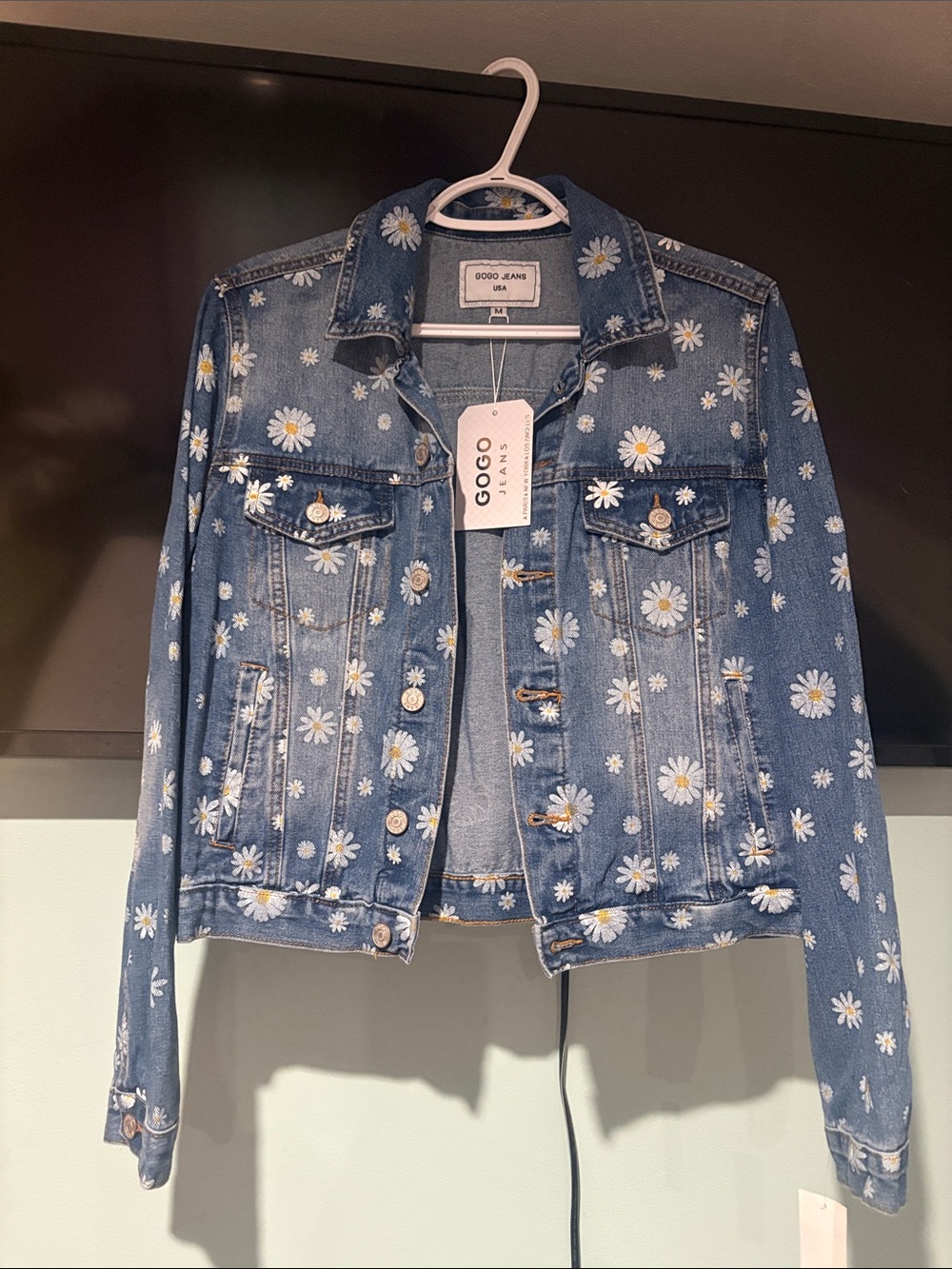 GOGO Blue Denim Jacket with White Daisy Print